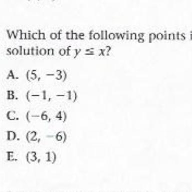 Which of the following points is not a solution of y ≤ x?-example-1