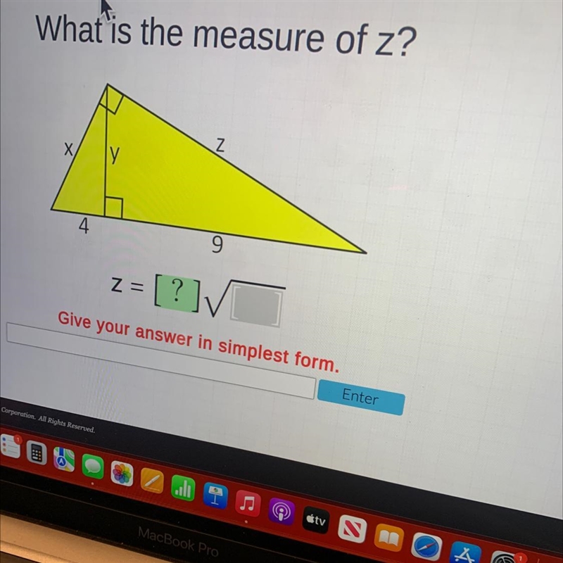 What is the measure of z?zХГУ49Z =z = [?]VGive your answer in simplest form.Enter-example-1