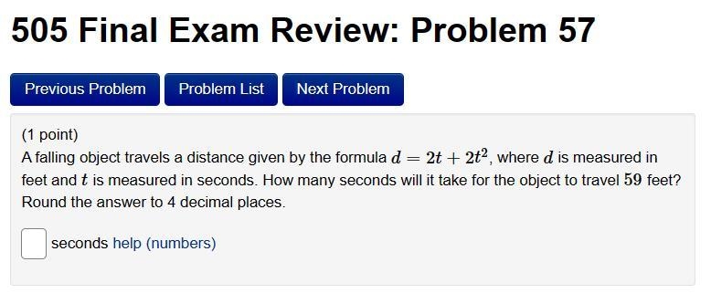 A falling object travels a distance given by the formula d=2t+2t^2, where d is measured-example-1