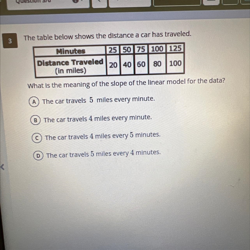 The table below shows the distance a car has traveled. What is the meaning of the-example-1