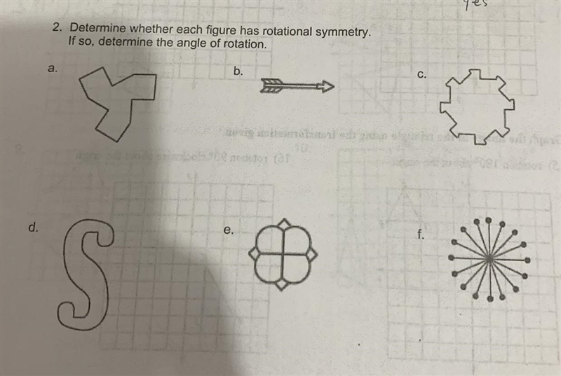 Determine whether each figure has rotational symmetry. If so, determine the angle-example-1