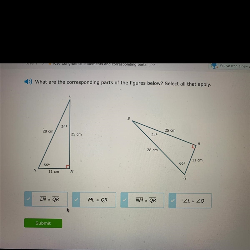 What are the corresponding parts of the figures below? Select all that apply-example-1