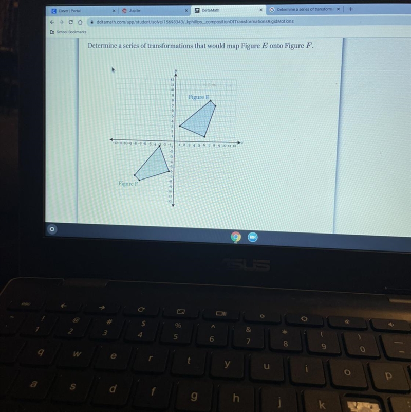 Determine a series of transformations that would map Figure E onto F.-example-1