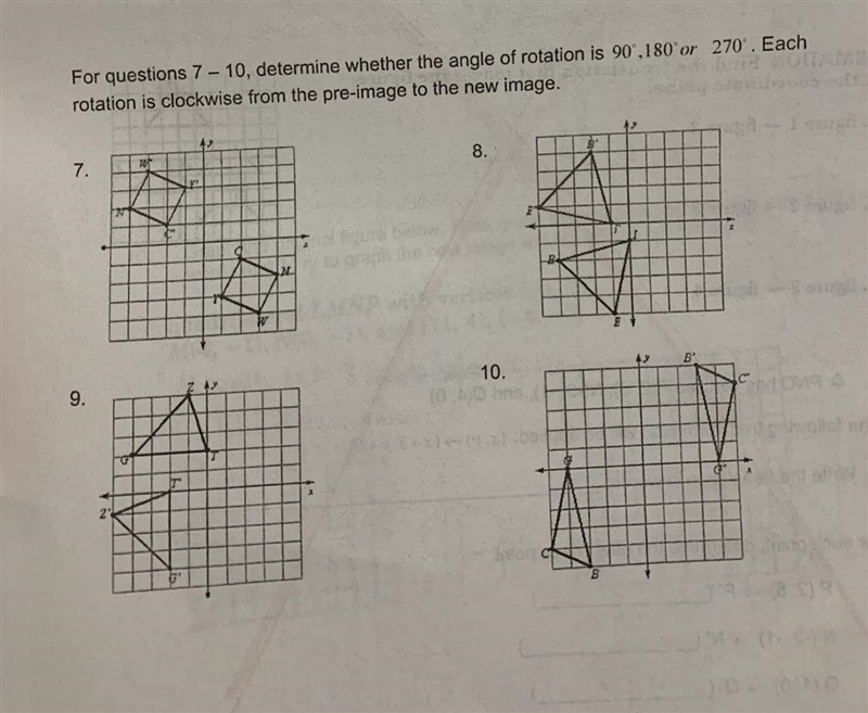 For questions 7 - 10, determine whether the angle of rotation is 90,180'or 270'. Each-example-1