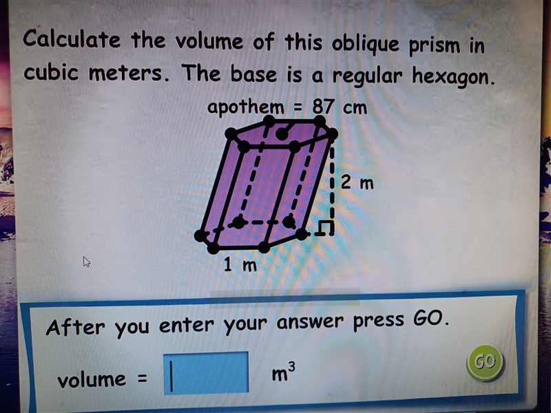 Volume= m3 What is the volume? Help me please. Thanks-example-1