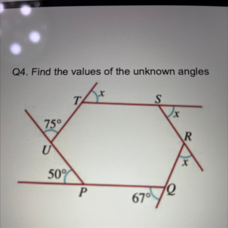 Q4. Find the values of the unknown angles-example-1