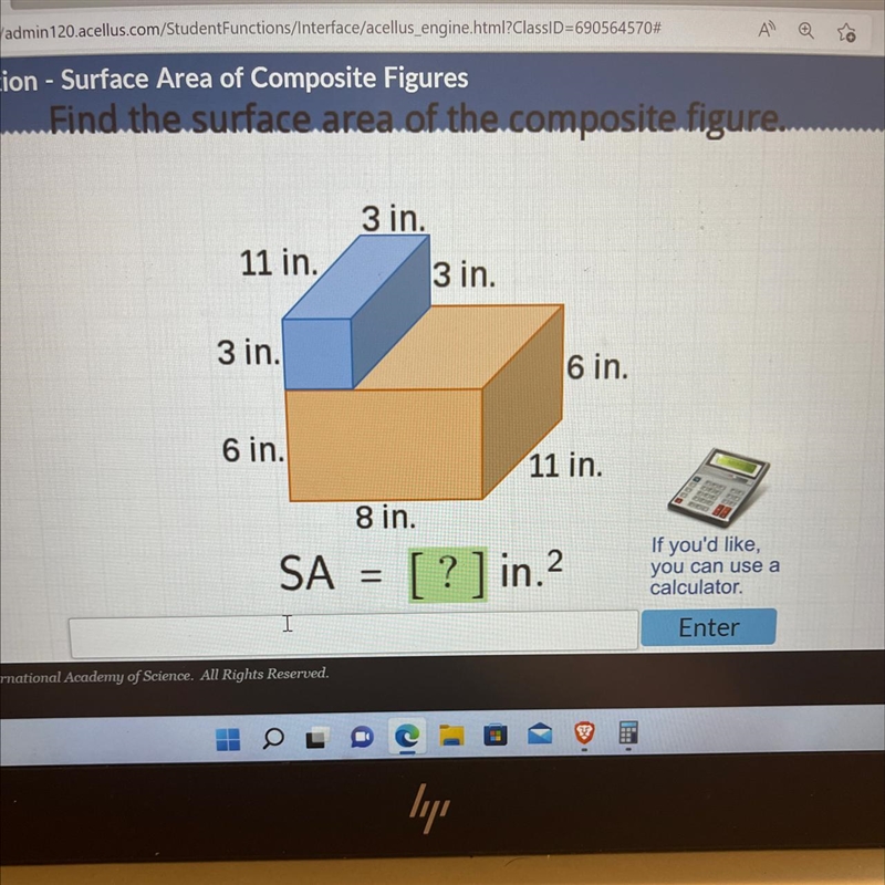 Find the surface.area of the composite.figure... 11 in. 3 in. 6 in. 3 in. H 8 in. SA-example-1