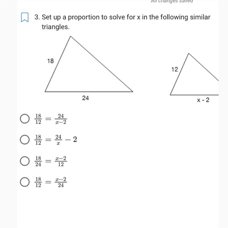 Set up a proportion to solve for x in the following similar triangles-example-1