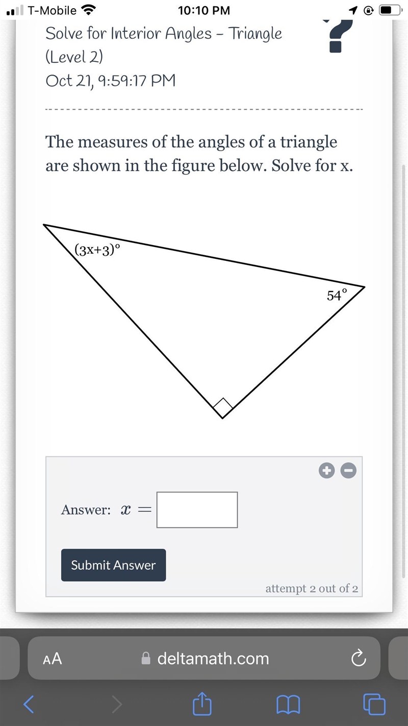 The measures of the angles of a triangle are shown in the figure below. Solve for-example-1