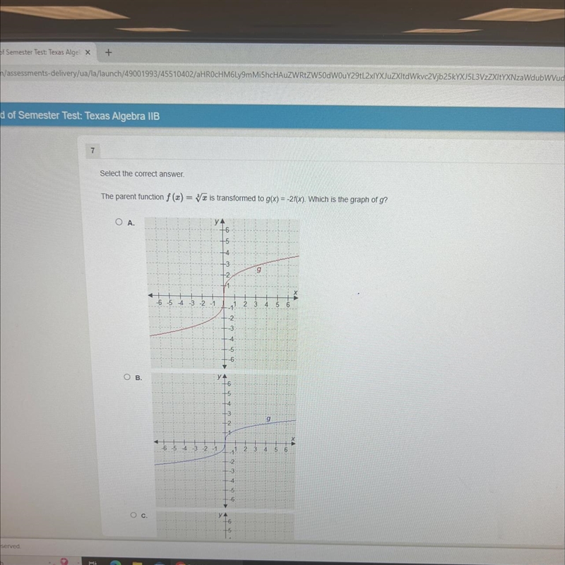 7 Select the correct answer. The parent function f(x)=√x is transformed to g(x) = -2f-example-1