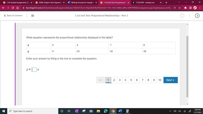 What equation represents the proportional relationship displayed in the table? x 0 4 7 8 y-example-1