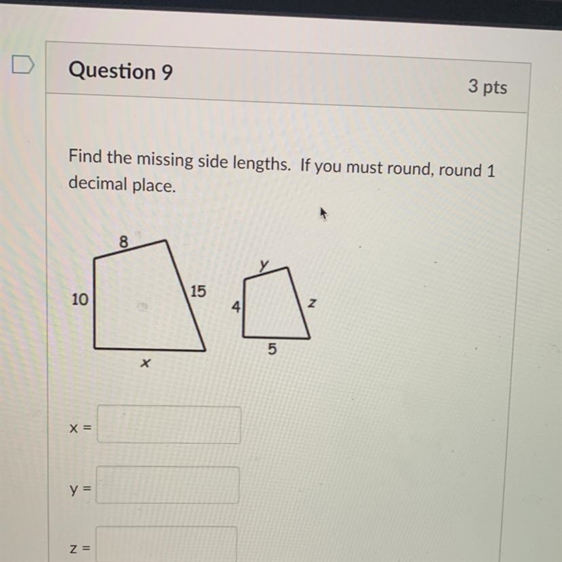 HELP 20 points 3 pts ts Find the missing side lengths. If you must round, round 1 decimal-example-1