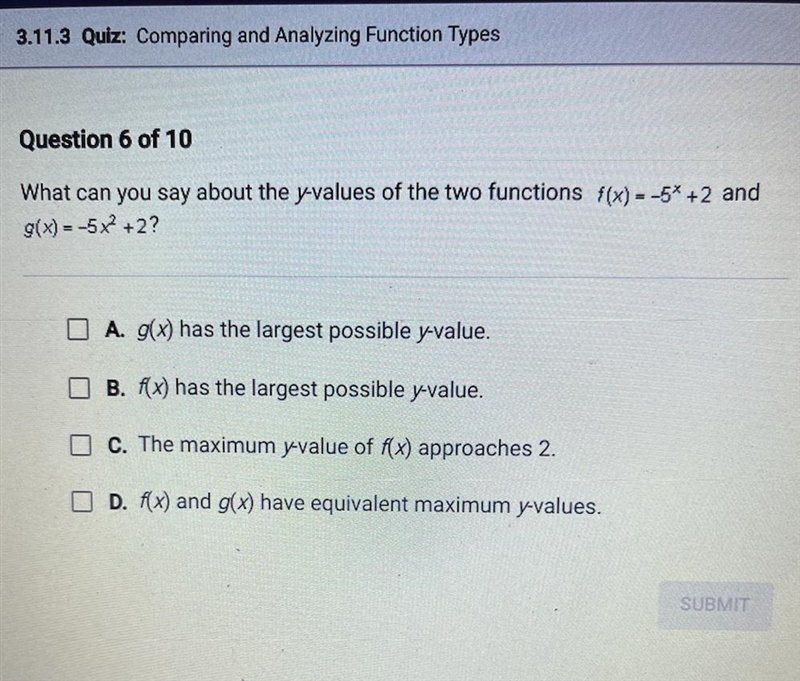 What can you say about the y-values of the two functions f(x) = -5* +2 and g(x) = -5x-example-1