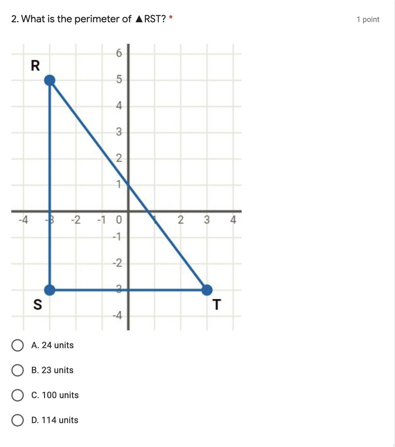 What is the perimeter of ▲RST?A. 24 unitsB. 23 unitsC. 100 unitsD. 114 units-example-1