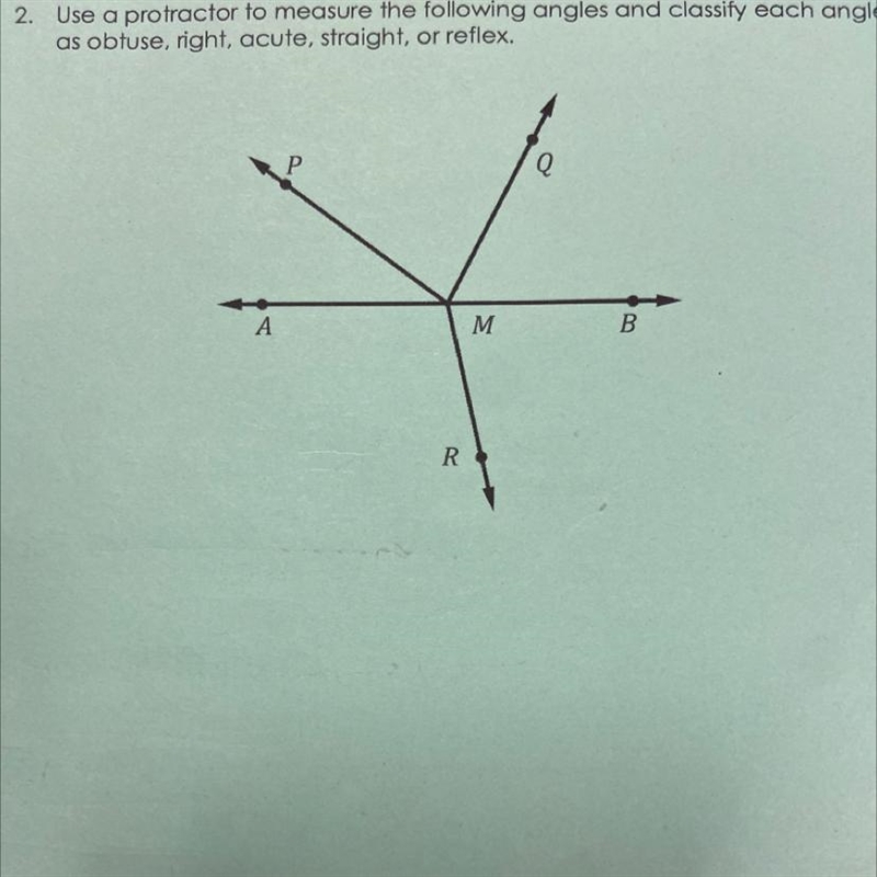 Use a protractor to measure the following angles and classify each angle as obtuse-example-1