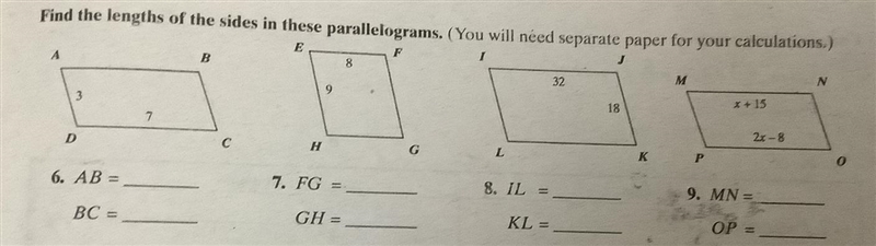 Geometry: find the lengths of sides in these parallelograms, ASAP!-example-1