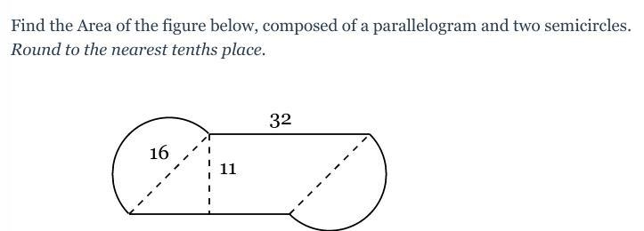 Find the Area of the figure below, composed of a parallelogram and two semicircles-example-1