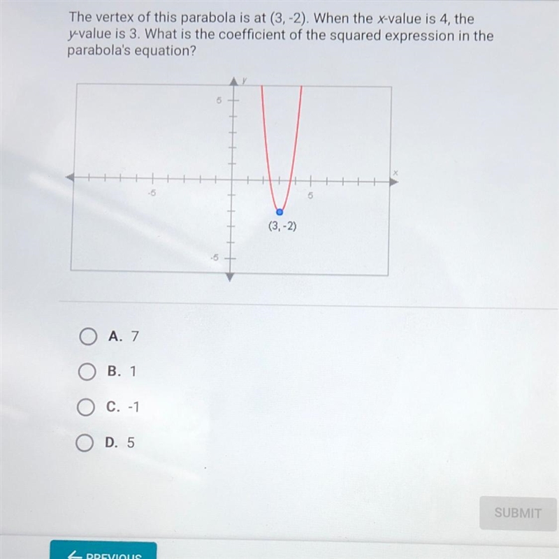 The vertex of this parabola is at (3-2). When the value is 4 the y-value is 3. What-example-1