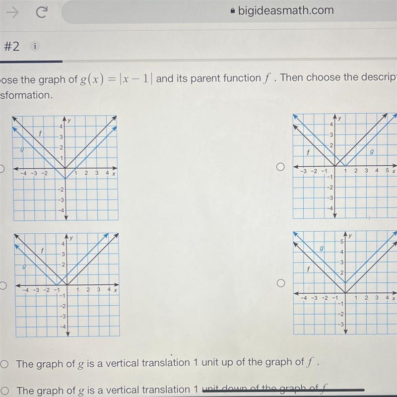 Choose the graph of g(x) = |x-1| and its parent function f. Then choose the description-example-1