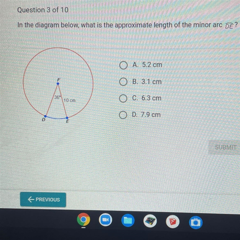 In the diagram below, what is the approximate length of the minor arc DE? . 5.2 cm-example-1