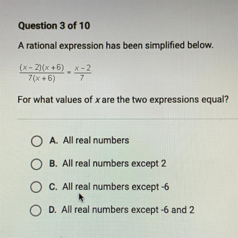 • A. All real numbers • B. All real numbers except 2 • C. All real numbers except-example-1