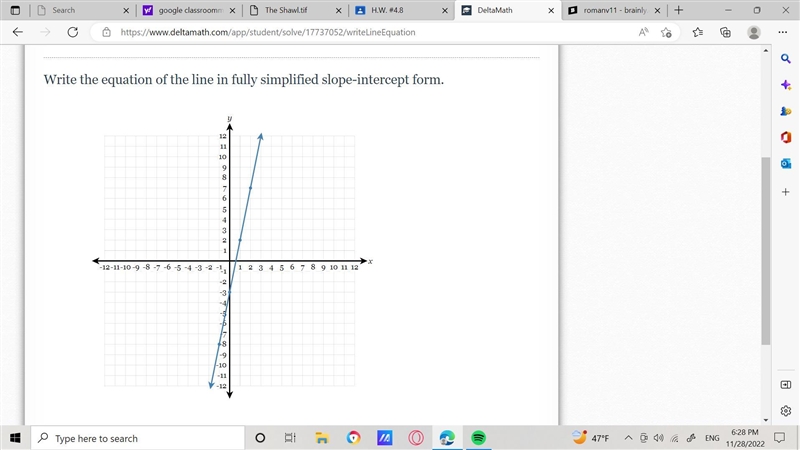 Write the equation of the line in fully simplified slope-intercept form.-example-1