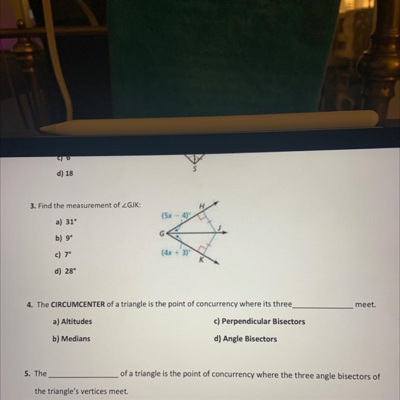 4. The CIRCUMCENTER of a triangle is the point of concurrency where its three meet-example-1