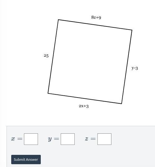 Find the value of xx, yy, and z, in the rhombus below.-example-1