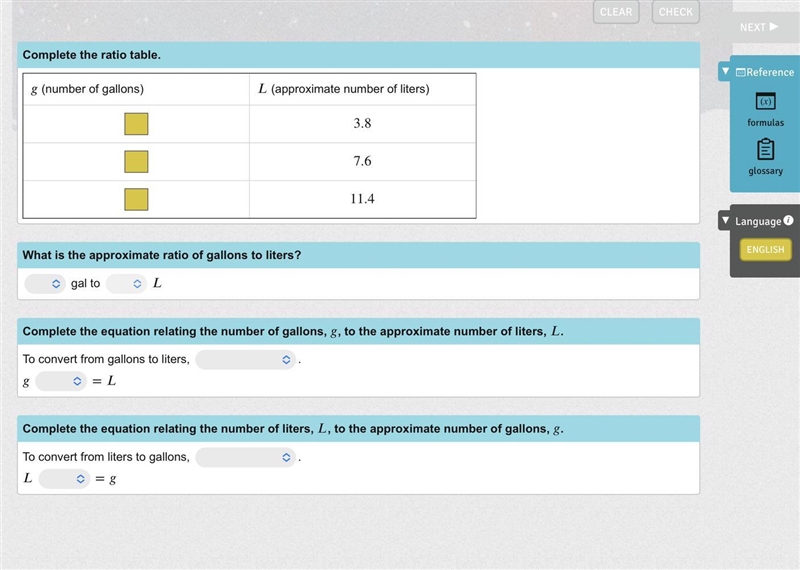 Complete each statement to describe the relationship between gallons and liters. PLZZZ-example-1