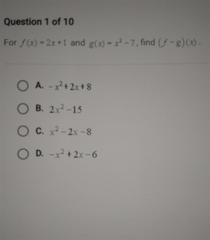 For f(x) = 2x+1 and g(x) = x² -7, find (ƒ-g)(x).​-example-1