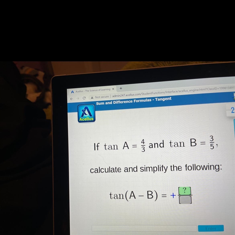 If tan A = { and tan B = 3calculate and simplify the following:?tan(A - B) = +-example-1