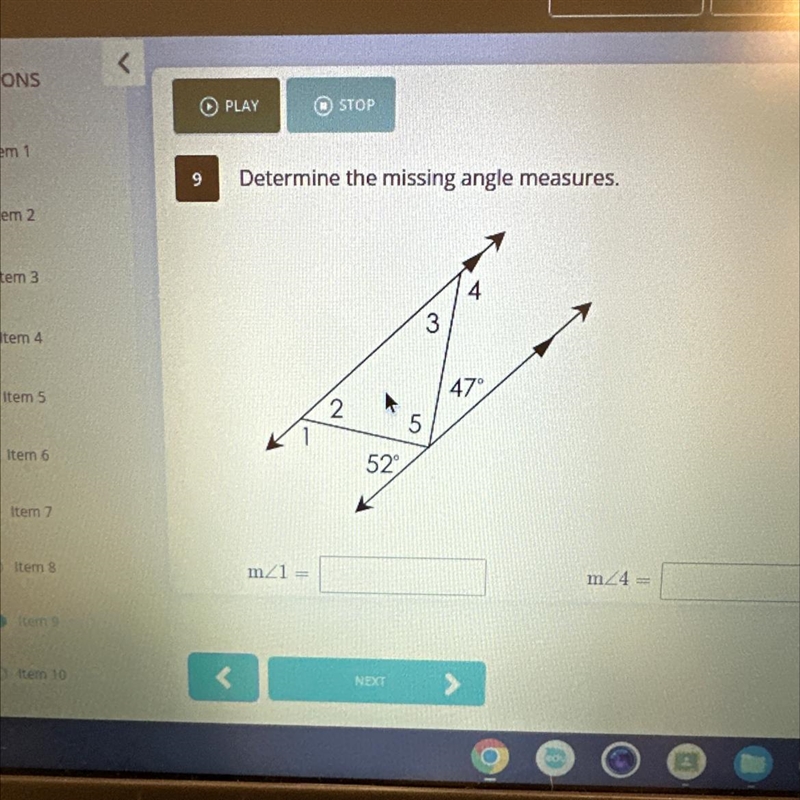 Determine the missing angle measures.-example-1