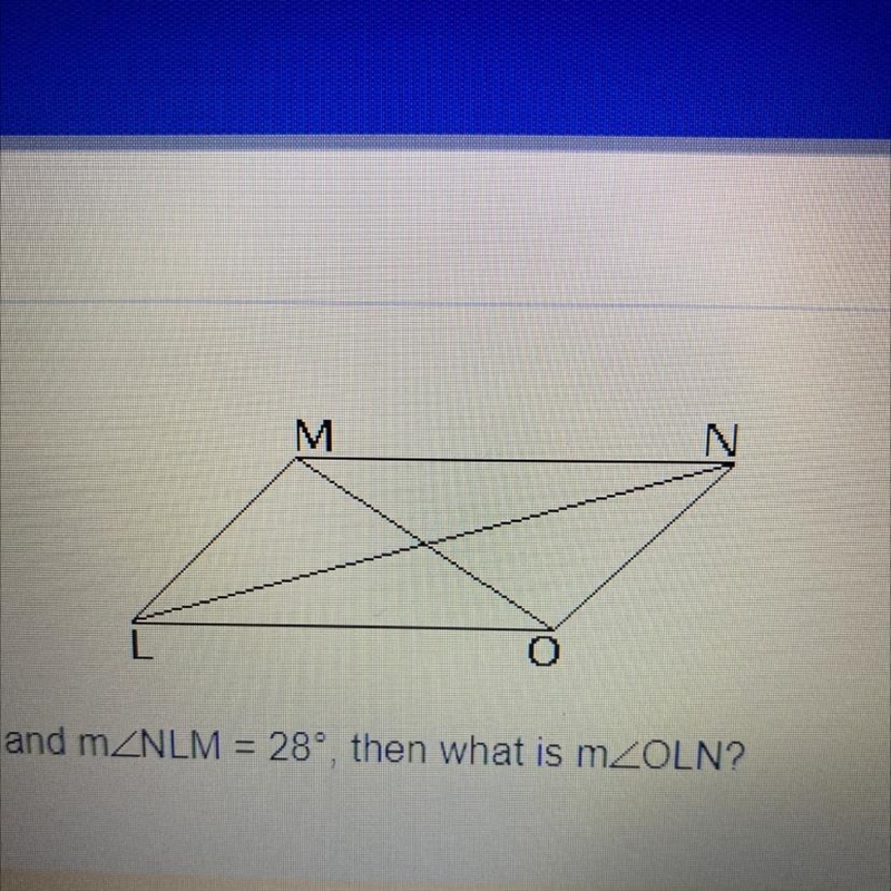 In parallelogram LMNO, if m A. 20° В.28° C.8° D.40°-example-1