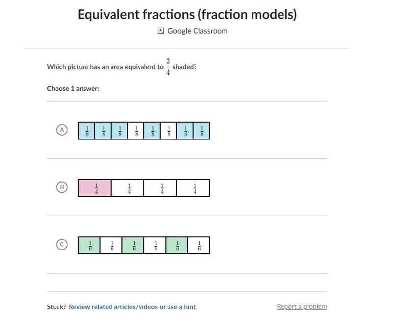 Which picture has an area equivalent to 3/4 shaded?-example-1