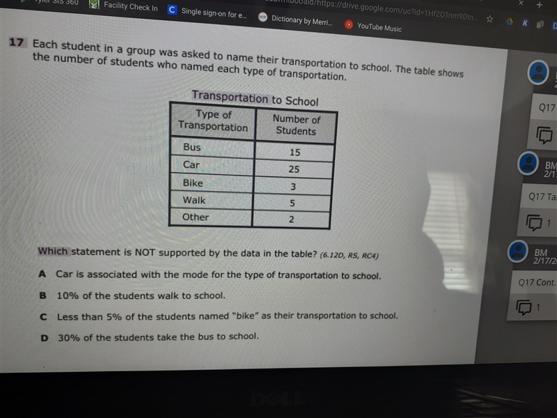 17 Each student in a group was asked to name their transportation to school. The table-example-1