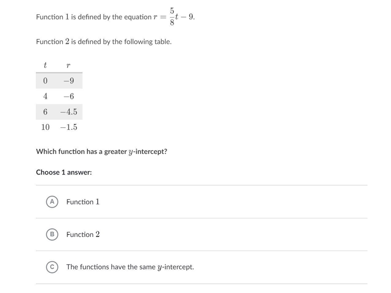 PLS HELP!!!! Function 111 is defined by the equation r=\dfrac{5}{8}t-9r= 8 5 ​ t−9r-example-1