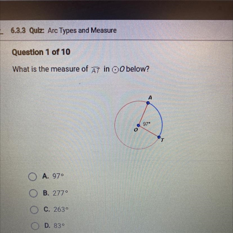 What is the measure of AT in 0 below? A 123 0 97⁰ T ASAPP!!-example-1