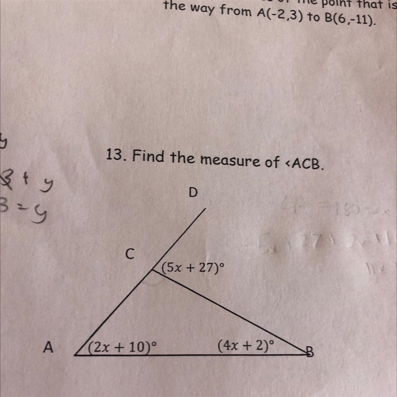 13. Find the measure of (5x +27)° (2x + 10)° (4x + 2)°-example-1