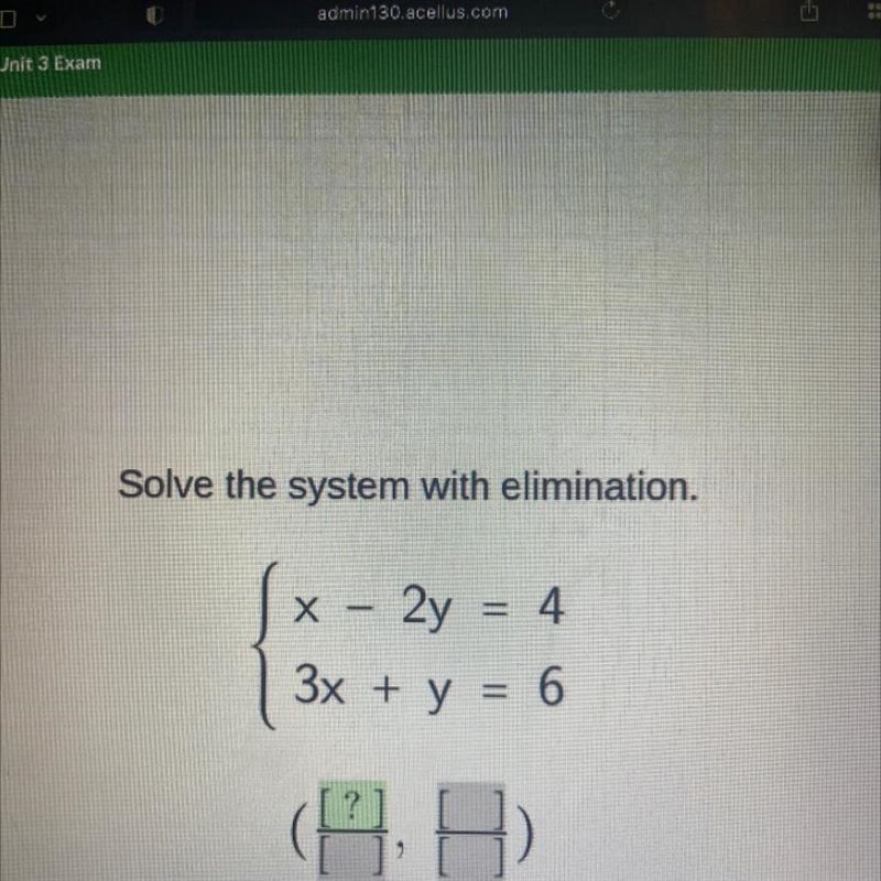 Solve the system with elimination. x - 2y = 4 3x + y = 6 ? ]-example-1