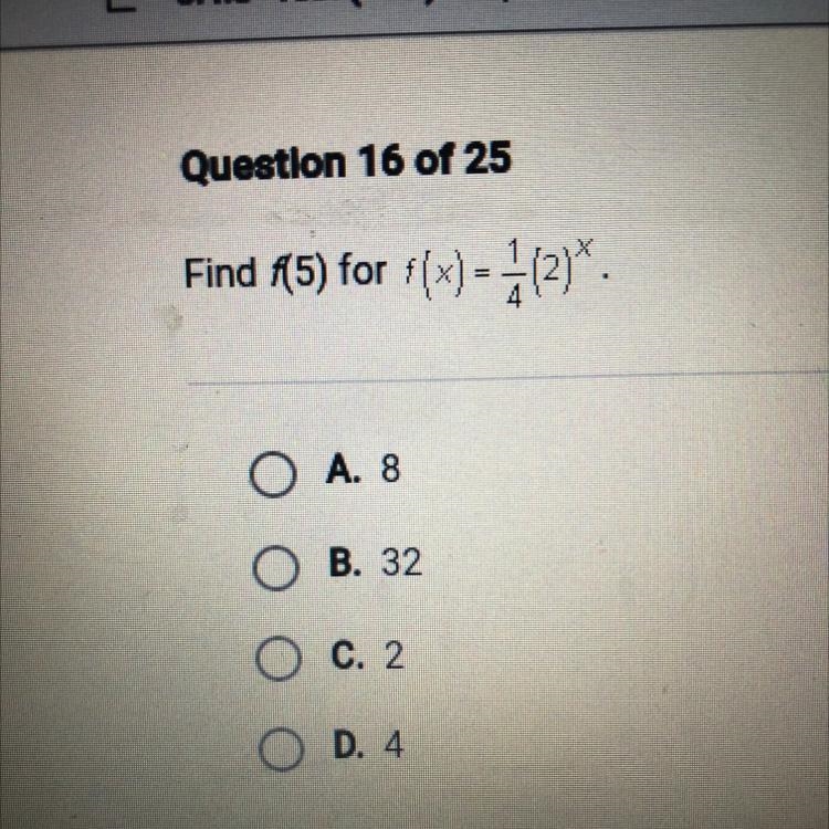 Find F(5) for f(x)= 1/4(2)^x-example-1