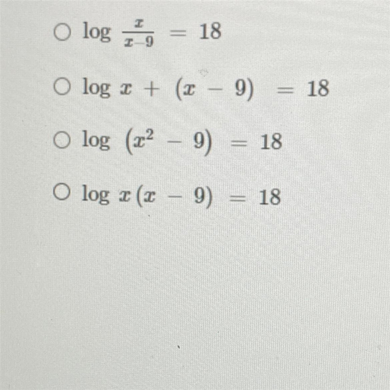 Determine the correct set up for: log x + log (x-9) = 18-example-1