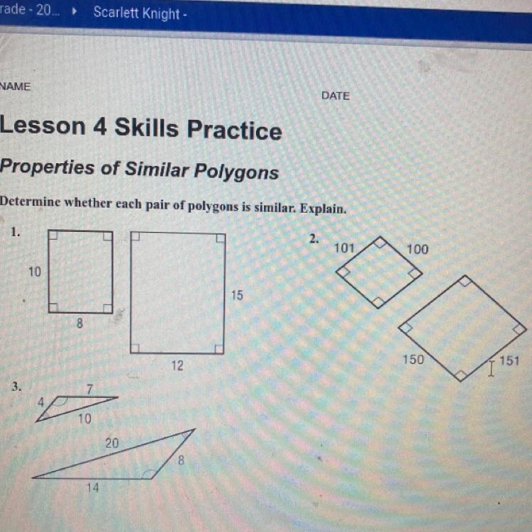 Determine whether each pair of polygons is similar. Explain.-example-1