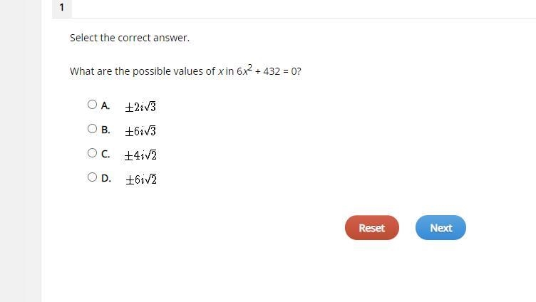 Select the correct answer. What are the possible values of x in 6x2 + 432 = 0?-example-1