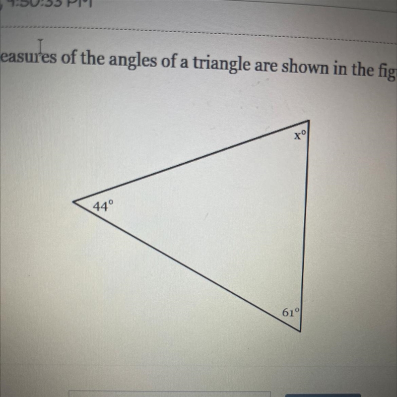 The measure of the angle of a triangle are shown in the figure below. solve for x-example-1