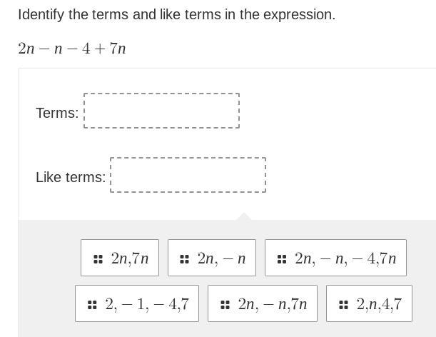 Identify the terms and like terms in the expression.-example-1