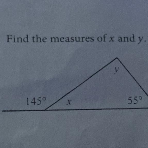 Find the measures of x and y. 2. 145° 55°-example-1