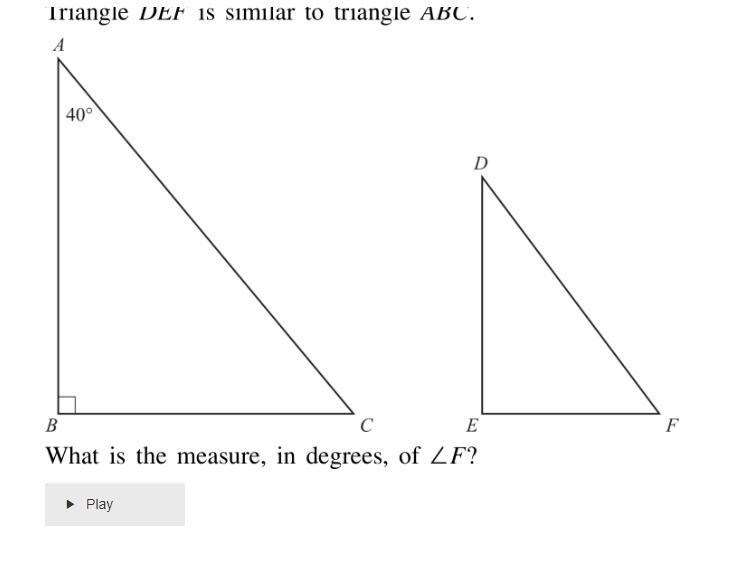 Triangle DEF is similar to triangle ABC. What is the measure, in degrees, of F?-example-1