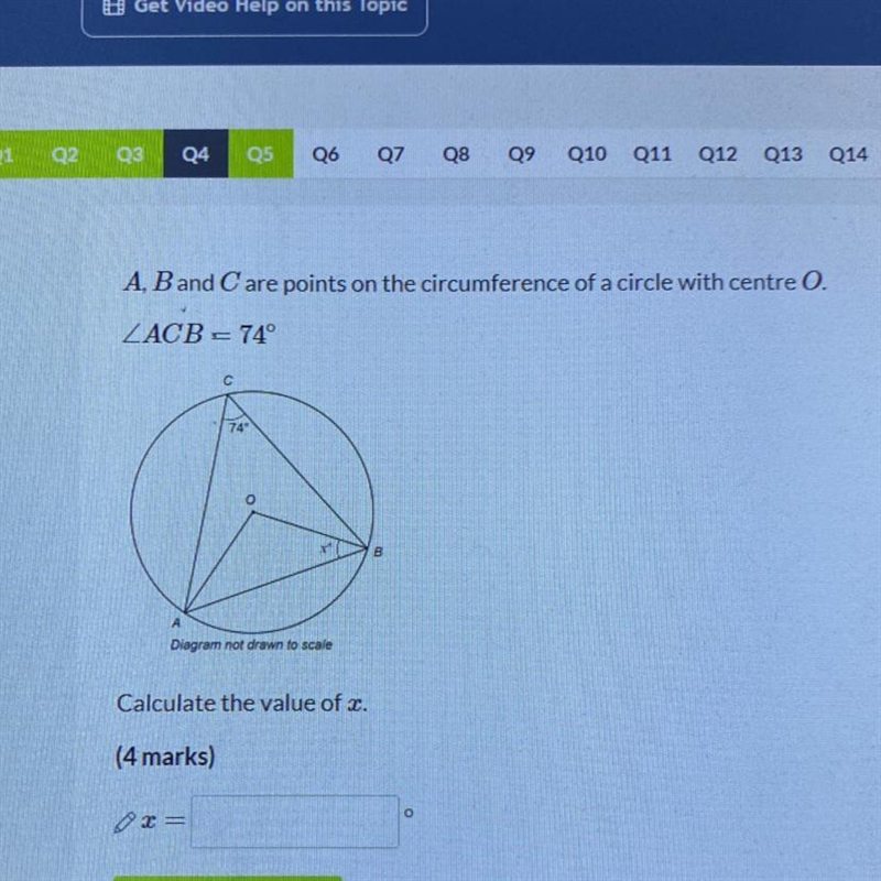 A, B and Care points on the circumference of a circle with centre O. LACB = 74° 74 Diagram-example-1