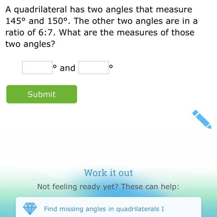 A quadrilateral has two angles that measure 145° and 150°. The other two angles are-example-1