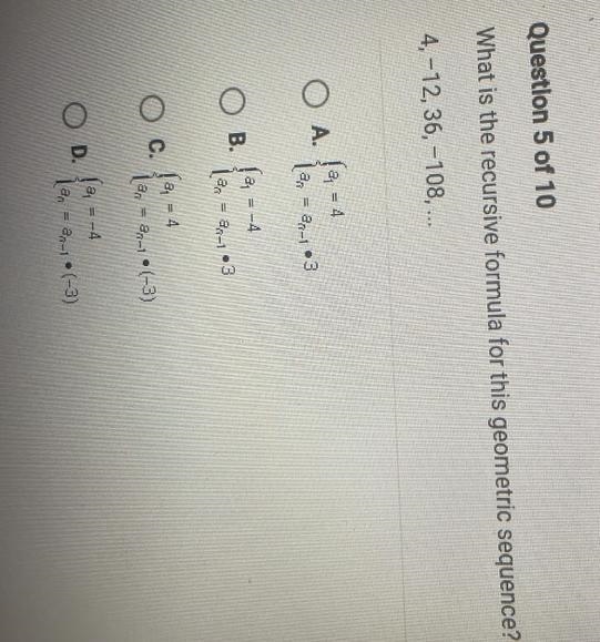 What is the recursive formula for this geometric sequence? 4, -12, 36, -108, ...-example-1